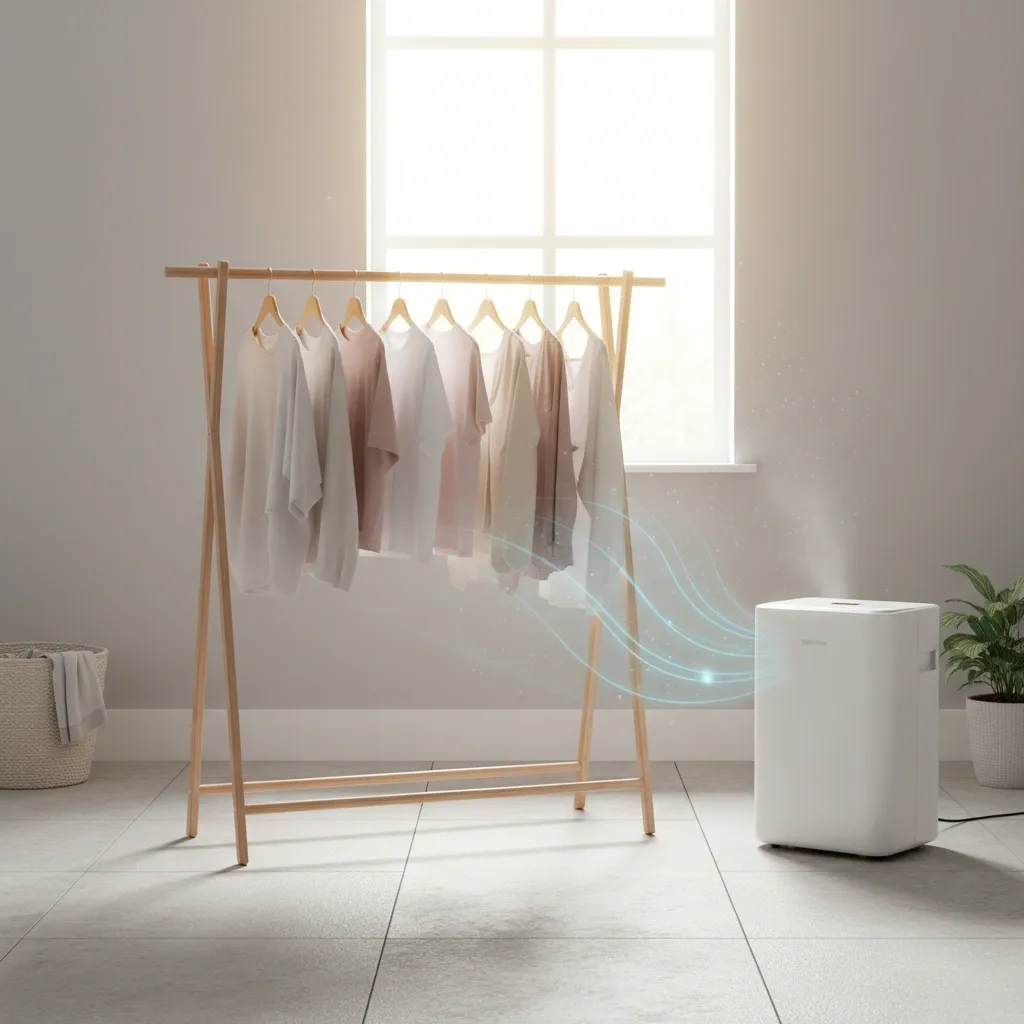 Binnen drogen van wasgoed met luchtontvochtiger voor frisse lucht