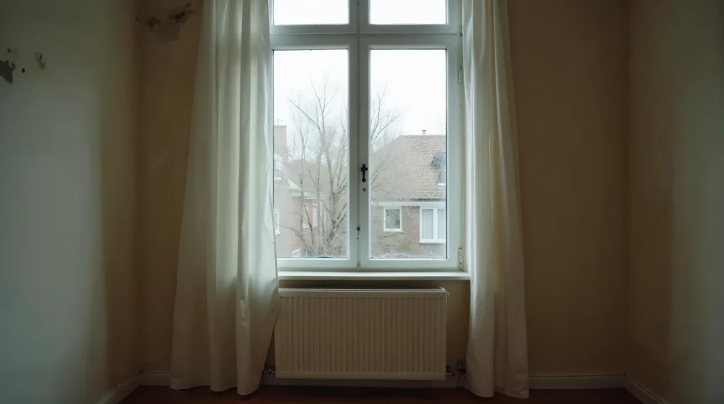 Hoekje van een Nederlandse sociale huurwoning met schimmelvlekken op de muur naast het raam en uitzicht op naburige rijtjeshuizen