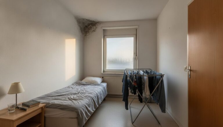 Schimmel in de hoek bij het raam van een slaapkamer, met een wasrek in de kamer